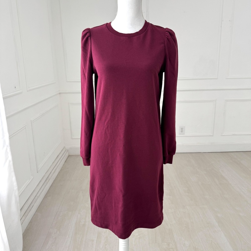 Boden Burgundy Long Sleeve Puff Shoulder Crew Neck Sweatshirt Dress Size‎ 6